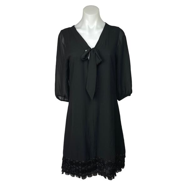 Want And Need Black Lace Hem V-neck Bow Tie 3/4 Sleeve Midi Sheath Dress Size XS - Picture 1 of 8